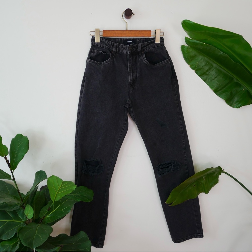 High Waisted Ripped Black Straight Leg Jeans